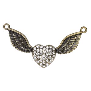 Focal, antique brass-finished "pewter" (zinc-based alloy) and glass, clear, 52x18mm heart with wings. Sold individually.