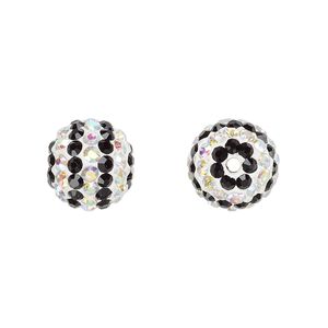 Bead, Egyptian glass rhinestone / epoxy / resin, white / black / clear AB, 12mm round with pav&eacute; striped design. Sold individually.