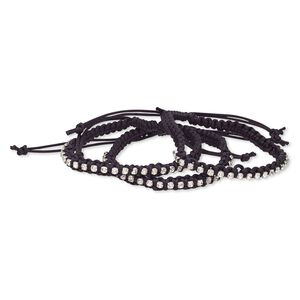 Bracelet, glass rhinestone / nylon / silver-plated brass, black and clear, 6mm wide with cupchain, adjustable from 7-1/2 to 9-1/2 inches with macram&eacute; knot closure. Sold per pkg of 3.