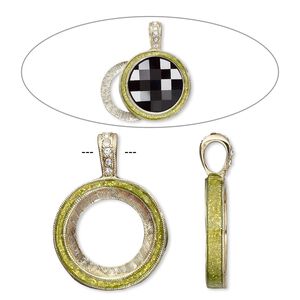 Pendant, Almost Instant Jewelry&reg;, epoxy / crystals / gold-finished "pewter" (zinc-based alloy), peridot green and crystal clear with glitter, 33x24mm single-sided with 20mm round setting. Sold individually.