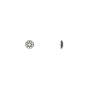 Bead cap, gunmetal-plated brass, stamped, 4x1mm fancy round with cutout pattern, fits 4-6mm bead. Sold per pkg of 100.