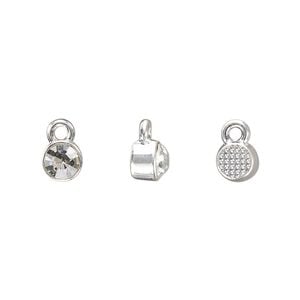 Drop, silver-finished "pewter" (zinc-based alloy) and glass rhinestone, clear, 6mm faceted round, April birthstone. Sold per pkg of 10.