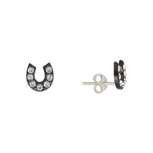 Earstud, Create Compliments&reg;, sterling silver and crystal, black and clear, 8mm horseshoe. Sold per pair.