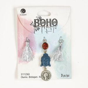 Drop assortment, gold-finished brass and acrylic, blue / brown / silver, 2-1/2 inch dangle. Sold per pkg of 3.