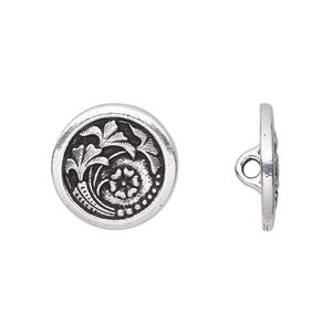 Button, TierraCast&reg;, antique silver-plated pewter (tin-based alloy), 17mm flat round with Czech flower and loop. Sold per pkg of 20.