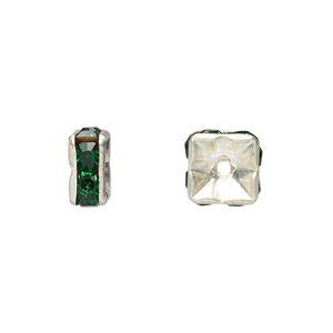 Bead 1pkg10 silver-plated, 8x4mm squaredelle, brass / emerald green rhinestone