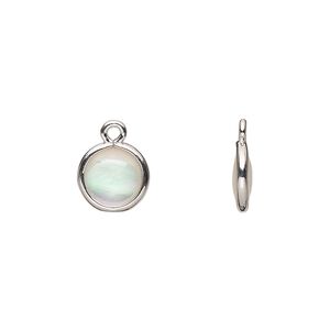 Drop, mother-of-pearl shell and imitation rhodium-finished brass (assembled) 1pkg4, 9.5mm-10.5mm double-sided round.