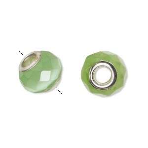 Bead, Dione&reg;, cat's eye glass (fiber optic glass) and silver-plated brass grommets, light green, 13x10mm-14x10mm faceted rondelle. Sold per pkg of 4.