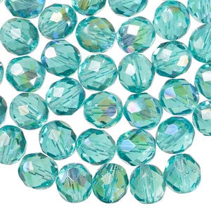 Bead, Czech fire-polished glass 1pkg600, light aqua AB, 8mm faceted round. 1/2 mass.