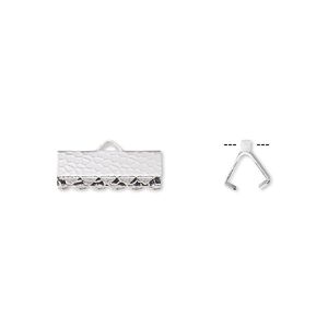 Ribbon crimp end 1pkg100 silver-plated, 14x5mm hammered rectangle, brass