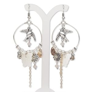 Earring, Chinese mussel shell / mother-of-pearl shell (natural / bleached) / glass / antique silver- / gold-finished "pewter" (zinc-based alloy) / brass / steel 1pkg2, white / clear / grey, 3.5 inches with round hoop and fishhook ear wire, 1 pair.
