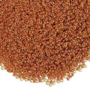 Seed bead, Miyuki, glass, pkg/250g, #15 rocaille, translucent salmon-lined luster peridot (RR-345).