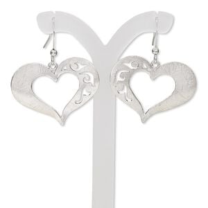 Earring, imitation rhodium-finished steel and brass, 38mm with brushed open heart and cutout design with fishhook ear wire. Sold per pair.