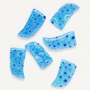 Component, millefiori glass, translucent sky blue /  cobalt blue / white, 24x12mm-30x14mm undrilled talon. Sold per pkg of 6.