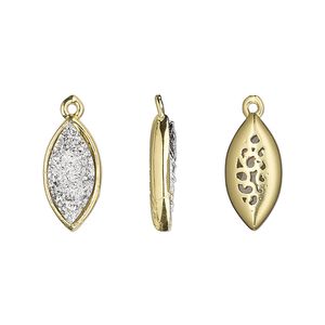 Drop, Druzylite&trade;, "druzy" (resin) and gold-finished brass, silver, 16x8mm two-sided marquise with open filigree back. Sold per pkg of 4.