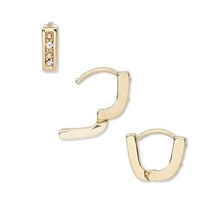 Bail, Czech glass rhinestone and gold-plated brass, clear, 10x3mm single-sided hinged oval, 7mm grip length. Sold per pkg of 2.