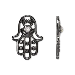 Component, Czech glass rhinestone and painted "pewter" (zinc-based alloy), clear and black, 25x18mm single-sided Fatima hand with cutouts and 4mm faceted round. Sold per pkg of 2.