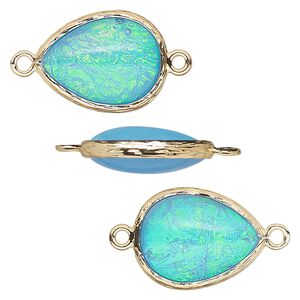 Link, Opalized Ice&trade;, "opal" (resin) and gold-finished brass, light blue, 19.5x15mm double-sided teardrop. Sold per pkg of 4.