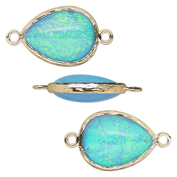 Link, Opalized Ice&trade;, "opal" (resin) and gold-finished brass, light blue, 19.5x15mm double-sided teardrop. Sold per pkg of 4. image number 0