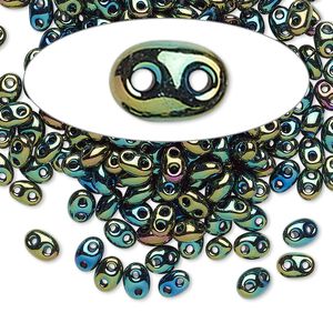 Seed bead, Preciosa Twin&trade; Czech glass, pkg/50g, 5x2.5mm oval, opaque olive iris black, (59155).