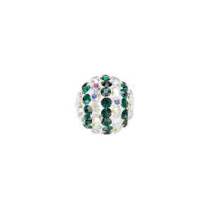 Bead, Egyptian glass rhinestone / epoxy / resin, white / dark green / clear AB, 12mm round with pav&eacute; striped design. Sold individually.