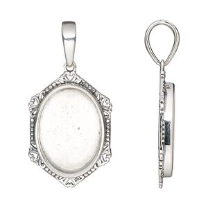 Pendant, antiqued sterling silver, 25x17.5mm hexagon with heart and beaded rim with 18x13mm oval bezel setting. Sold individually.