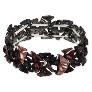 Bracelet, stretch, epoxy and gunmetal-finished "pewter" (zinc-based alloy), 23mm wide with painted flower design, 7 inches. Sold individually.