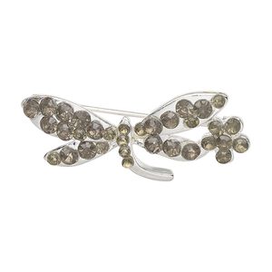 Brooch, silver-finished brass and glass, green, 31x12mm-32x13mm dragonfly with flower. Sold individually.