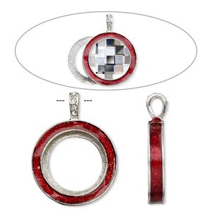 Pendant, Almost Instant Jewelry&reg;, epoxy / crystals / imitation rhodium-finished "pewter" (zinc-based alloy), light Siam red and crystal clear with glitter, 45x35mm single-sided with 30mm round setting. Sold individually.