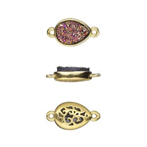 Link, Druzylite&trade;, "druzy" (resin) and gold-finished brass, metallic purple, 11.5x8.5mm two-sided teardrop with open filigree back. Sold per pkg of 4.