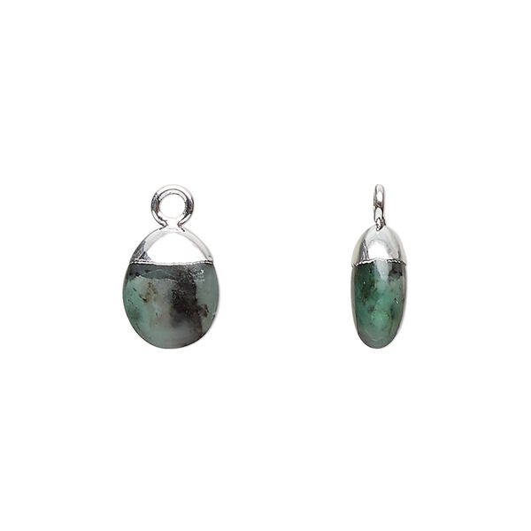 Drop 1pkg1, sterling silver / silver-plated copper / emerald, 10x8mm hand-cut puff oval image number 0