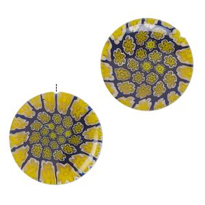 Bead, millefiori glass, translucent blue / yellow / clear, 20mm half-drilled puffed flat round with flower design, 0.6-0.8mm hole. Sold per pkg of 2.