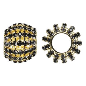 Bead 1pkg1 gold-finished, 25x20mm barrel / 3mm chatons, brass / black rhinestone