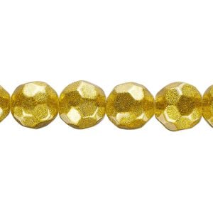 Bead, glass, translucent gold, 9-10mm faceted round with glitter. Sold per 8-inch strand, approximately 20 beads.