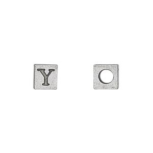 Bead 1pkg4 pewter, 7mm cube / Greek letter Upsilon, antiqued