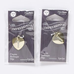 Charm, gold--finished "pewter" (zinc-based alloy) / steel / acrylic rhinestone, clear, 15.5x15mm single-sided puffed heart with letter "I." Sold per pkg of 2.