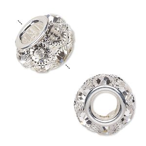 Bead 1pkg1 silver-plated "pewter", 18x12mm rondelle / 6mm faceted round, Egyptian glass rhinestone / clear