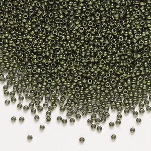 Seed bead, Miyuki, glass, pkg/35g, #15 rocaille, opaque metallic olive (RR-459).