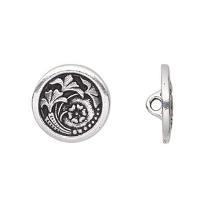 Button, TierraCast&reg;, antique silver-plated pewter (tin-based alloy), 17mm flat round with Czech flower and closed loop. Sold per pkg of 2.