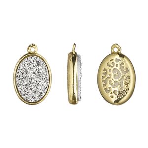 Drop, Druzylite&trade;, "druzy" (resin) and gold-finished brass, silver, 15.5x11.5mm two-sided oval with open filigree back. Sold per pkg of 4.