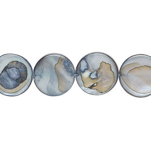 Mother-of-pearl shell 1pkg1, puffed flat round bead 15 inch blue steel 12-13mm