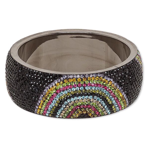 Bracelet, bangle, epoxy / Preciosa glass rhinestone / gunmetal-plated brass, multicolored, 30mm wide with half circle design, 2-3/4 inch inside diameter. Sold individually. image number 0