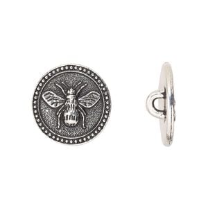 Button, TierraCast&reg;, antique silver-plated pewter (tin-based alloy), 15mm beaded flat round with bee and closed loop. Sold per pkg of 2.