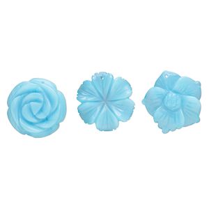 Focal mix, glass, translucent light blue, 40x35mm-40x40mm top-drilled carved flower. Sold per pkg of 3.