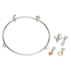 Bracelet / drop / charm assortment 1pkg5, antique silver-finished brass and steel / glass, mixed colors, mixed sizes and shapes, 7-1/2 inches