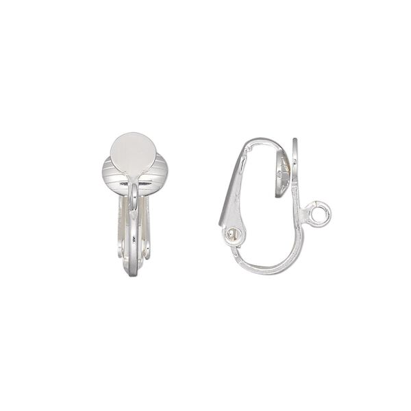 Earring clip-on 1pkg10 silver-plated, 16mm hinged / 5mm round flat pad setting / open loop, steel 5 pair image number 0