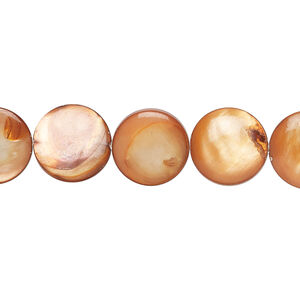 Mother-of-pearl shell 1pkg1, puffed flat round bead 15 inch burnt orange 11-12mm