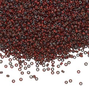 Seed bead, Miyuki, glass, pkg/35g, #15 rocaille, opaque Picasso red, (RR-4513).