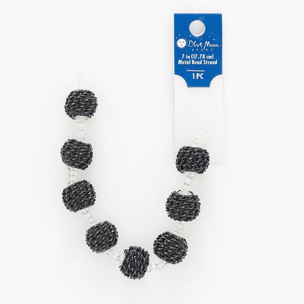 Bead 1pkg1 silver-finished "pewter", 15mm round chain wrapped, glass black / epoxy 7 inch image number 0