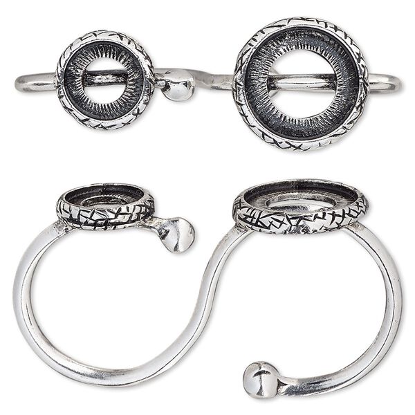 Ring, antique silver-plated "pewter" (zinc-based alloy), 14mm wide textured double band with 8mm and 12mm round settings, sizes 7 and 8. Sold individually. image number 0